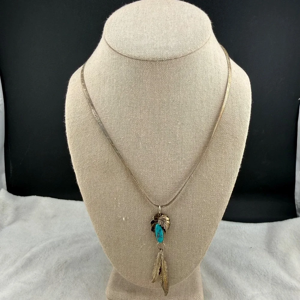 Sterling Silver‎ Necklace Turquoise Feathers Signed FA 19
